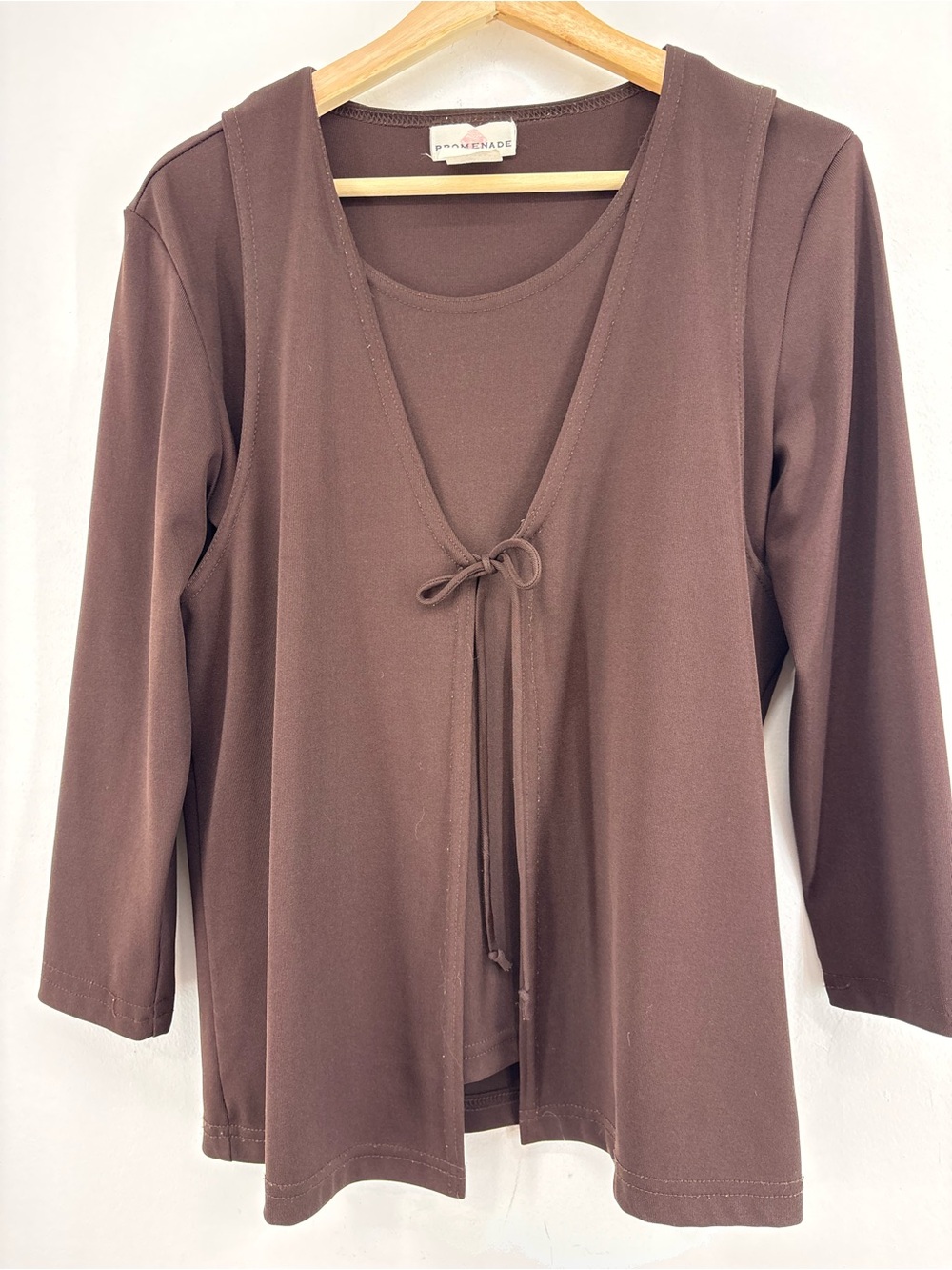 Y2K 2 Piece Brown Slinky Matching Set 3/4 Sleeve and Tie Vest Small USA Made